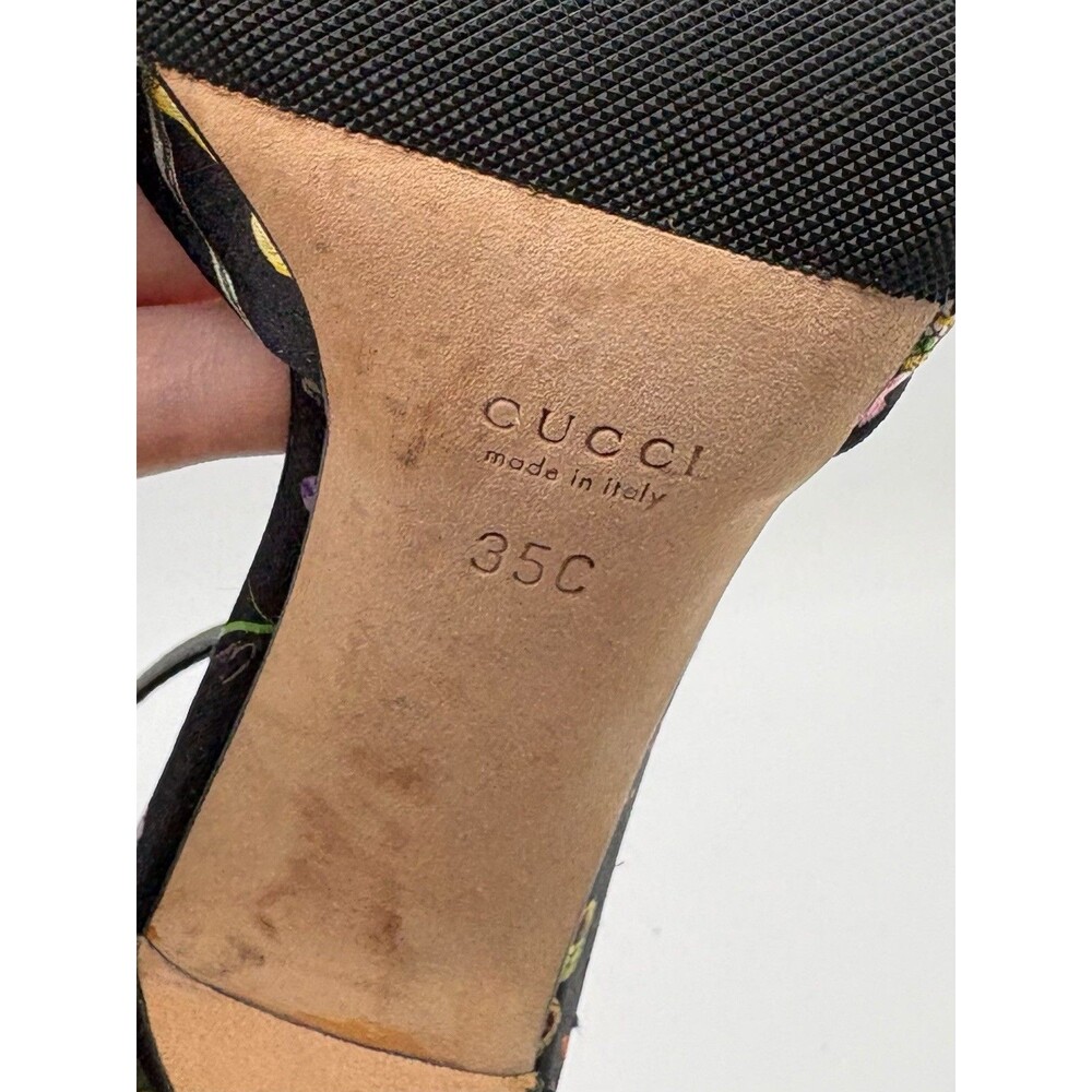 Gucci Black Satin Floral Slingback Heels Peep Toe Bow Accent Size EU 35 - Picture 11 of 12